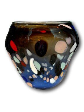 Murano Style Handblown Murrine Art Glass Vase Amber Blue 12”